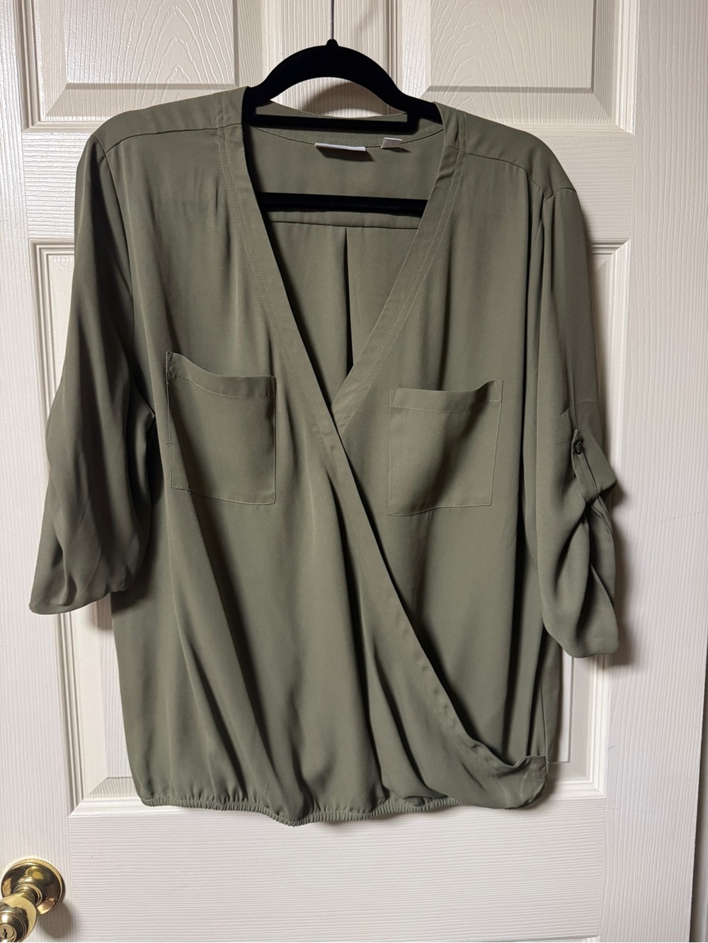 New York & Company Olive Green Surplice Blouse